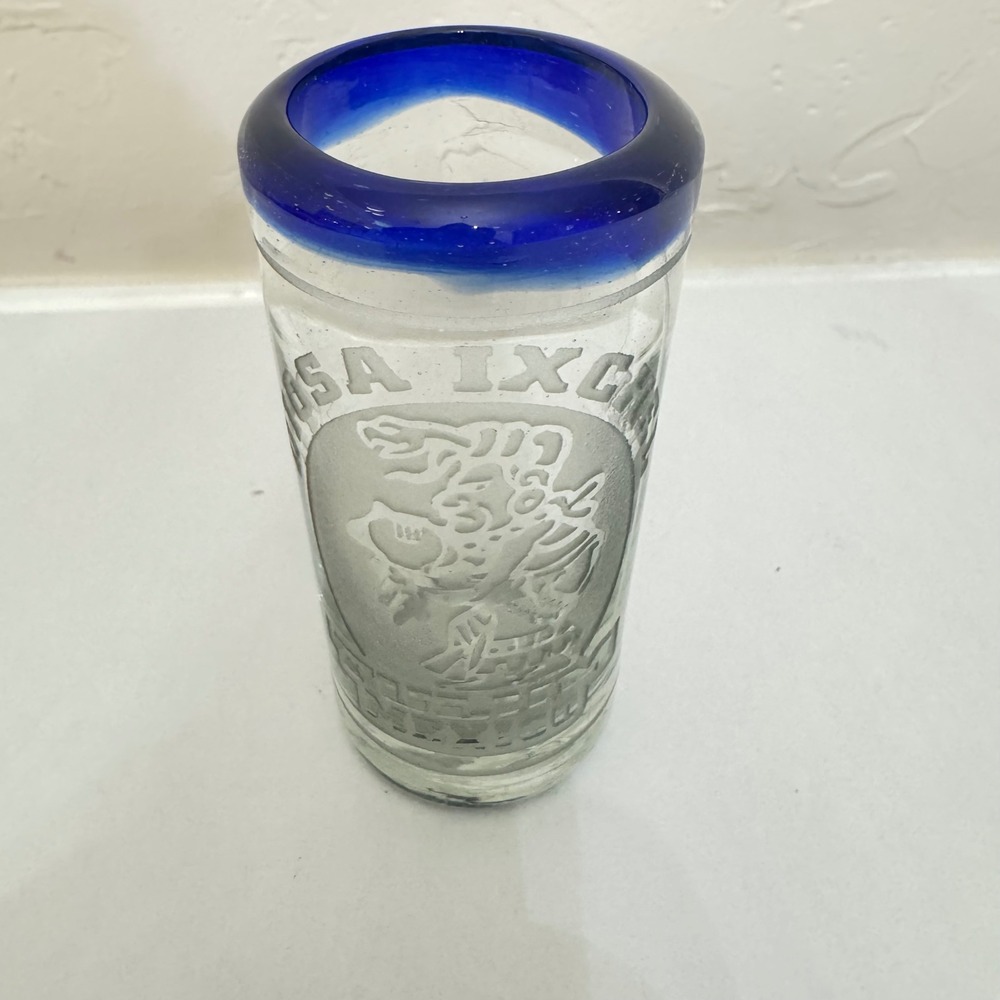 Tulum Mexico Hand Blown Shot Glass Cobalt Blue Rim Etched Mayan Diosa Ixchel